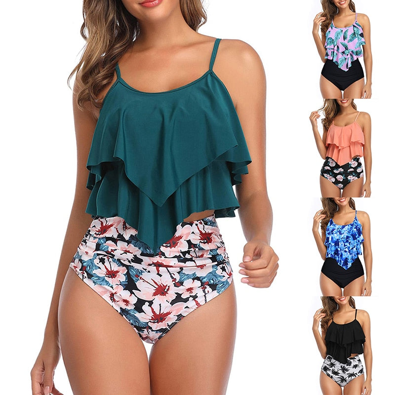 Women Two-Piece Double Flounce top-high Waist Overlay Tankini Swimwear