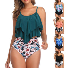 Women Two-Piece Double Flounce top-high Waist Overlay Tankini Swimwear