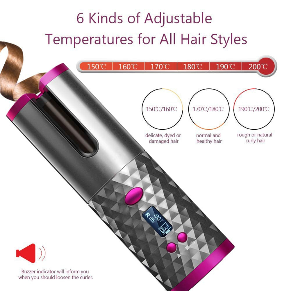 Portable Curling Iron Hair Curler Rechargeable Automatic LCD Display Machine
