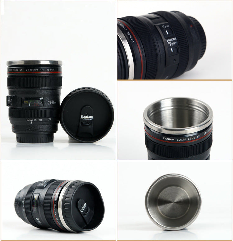 24-105MM Lens Camera Travel Coffee Tea Cup Mug Creative Cup Stainless Steel Brushed Liner Black (Black 400ml) - JustgreenBox