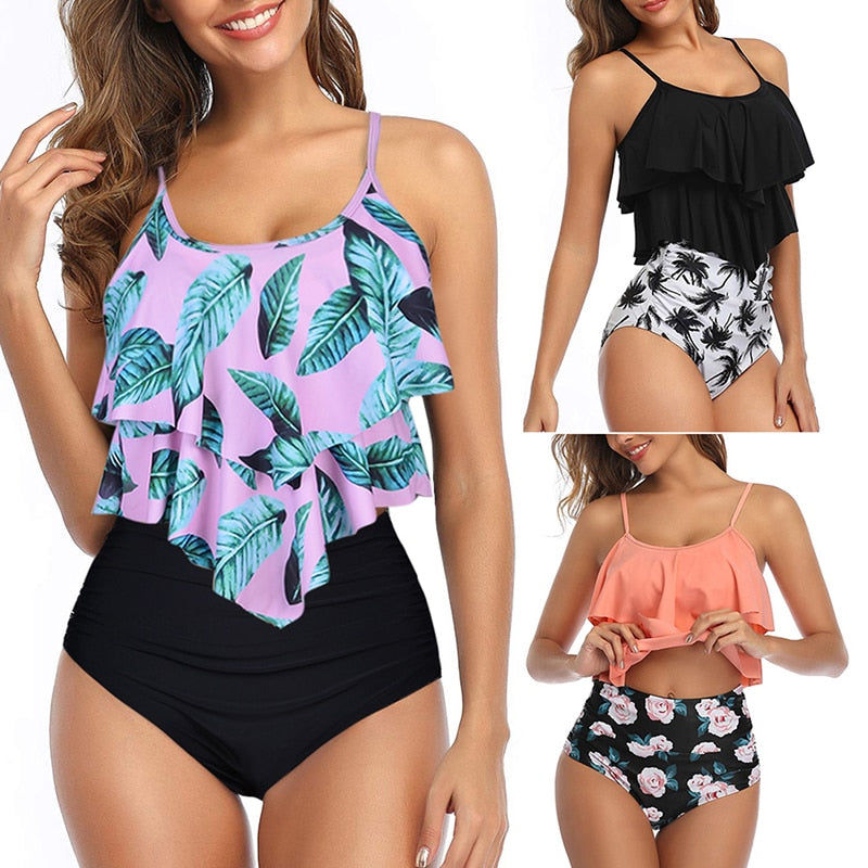 Women Two-Piece Double Flounce top-high Waist Overlay Tankini Swimwear