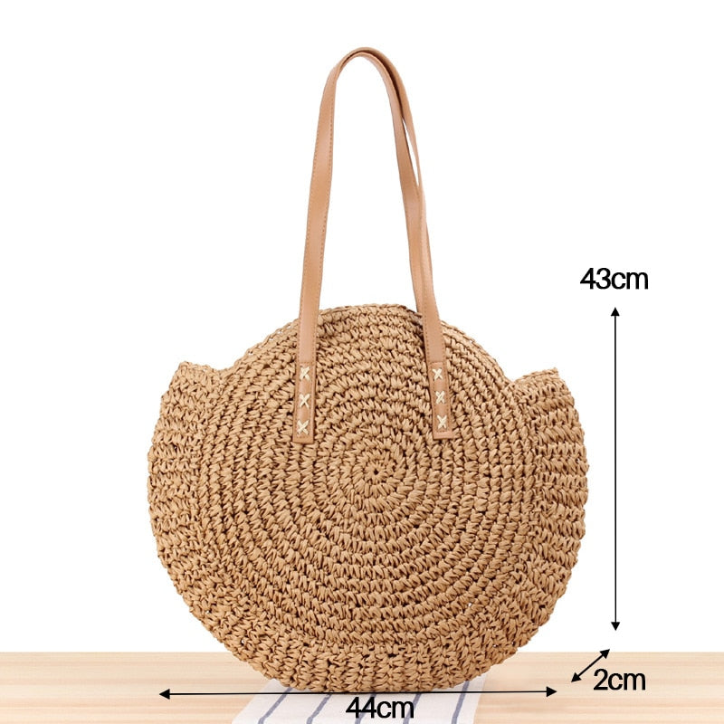 Round Straw Handmade Woven Shoulder Bag Raffia circle Vacation Casual Bags