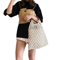 Fashion Straw Woven Bags Wooden Handle Handbag Hollow Beach Bag For Women Mesh Totes Storage Tote
