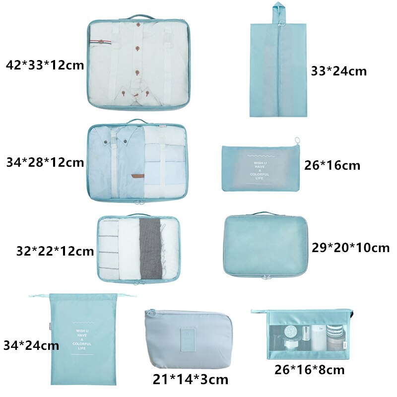 9-piece Suitcase Organize Storage Bag Portable Cosmetic Bag Clothes Underwear Shoes Packing Set High Quality Travel Makeup Bag