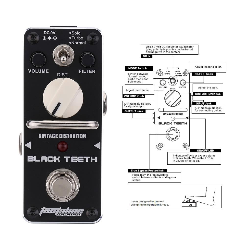 Black Teeth Vintage Distortion Electric Guitar Effect Pedal Mini Single with True Bypass