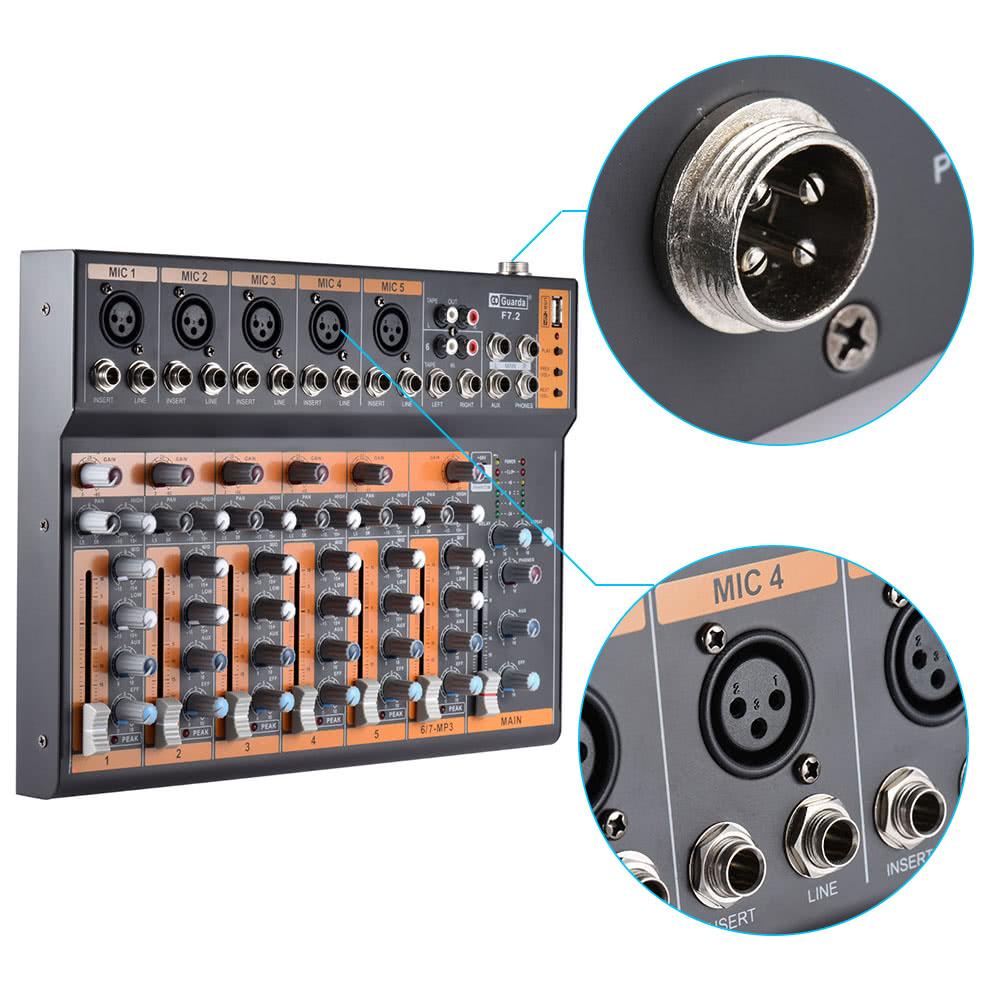 Portable 7-Channel Mic Line Audio Mixer Mixing Console 3-band EQ USB Interface 48V Phantom Power