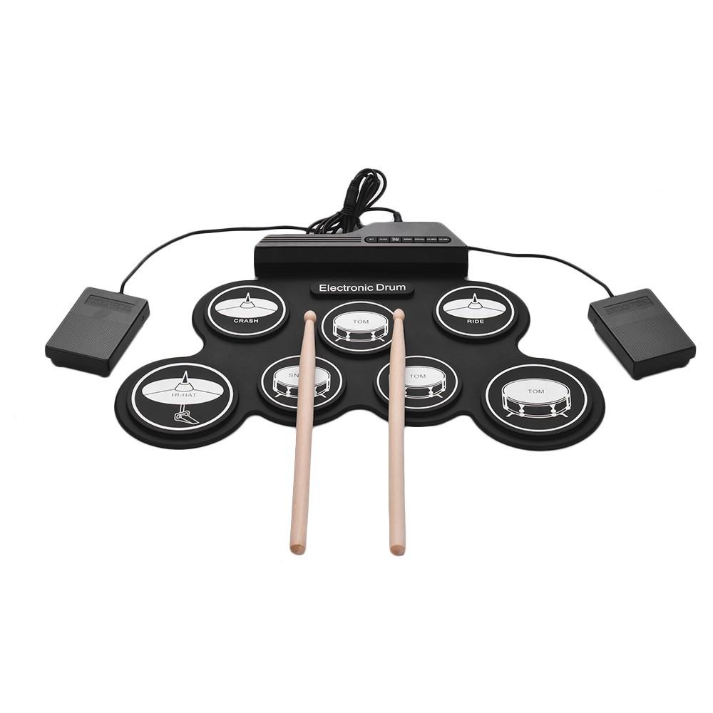 Compact Size USB Roll-Up Silicon Drum Set Digital Electronic Kit 7 Pads with Drumsticks Foot Pedals for Beginners Children Kids