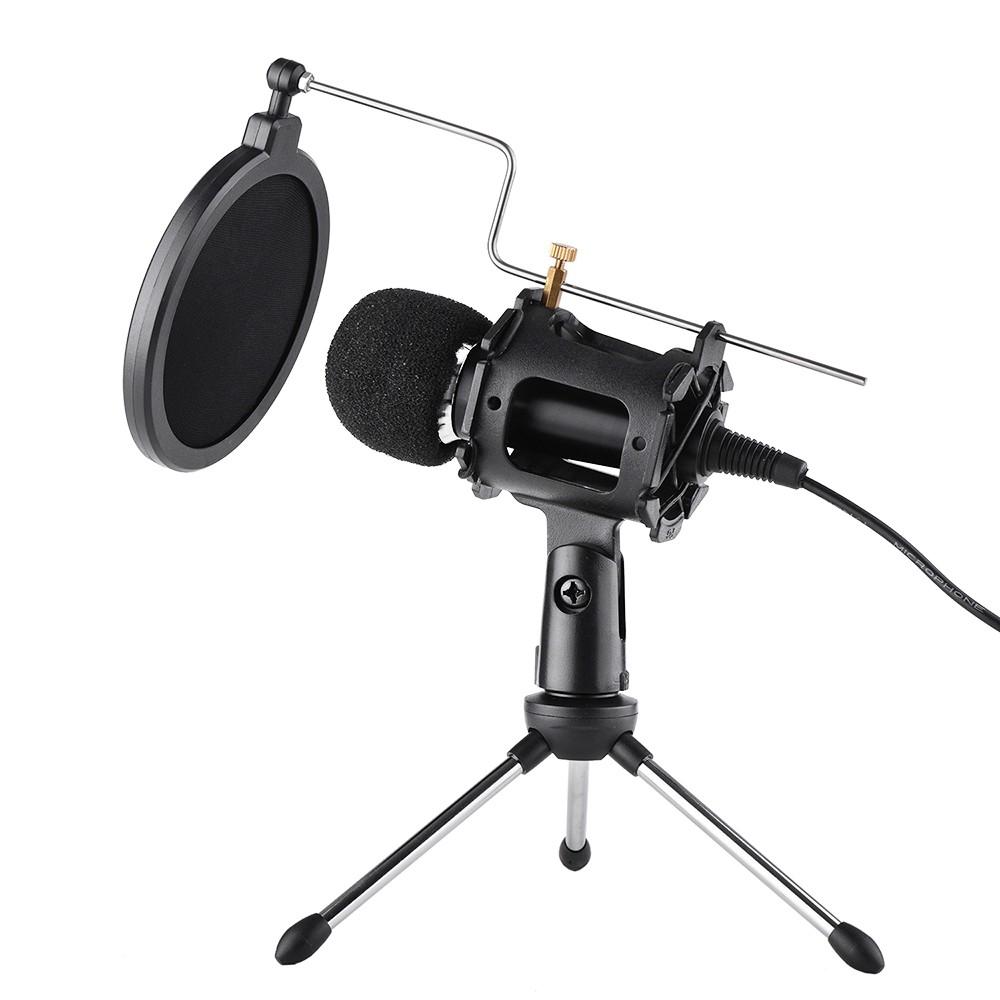 Video Microphone Kit with Mini Tripod Shock Mount Pop Filter Windshield USB Adapter Cable 3.5mm TRS Plug