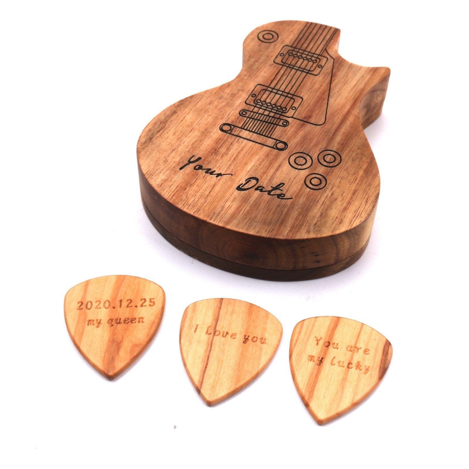 3 Pcs Wooden Guitar Picks with Box Wood