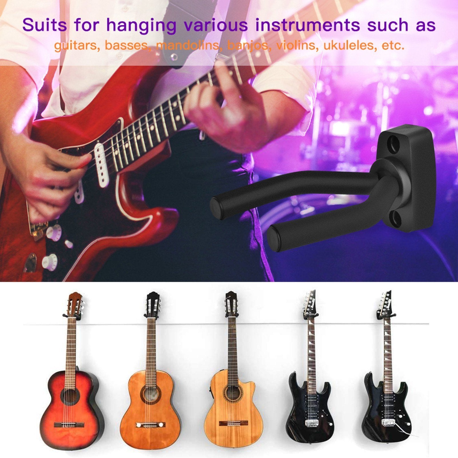 4Pcs Guitar Hangers Wall Mount Holder Ukulele Bass Support Display