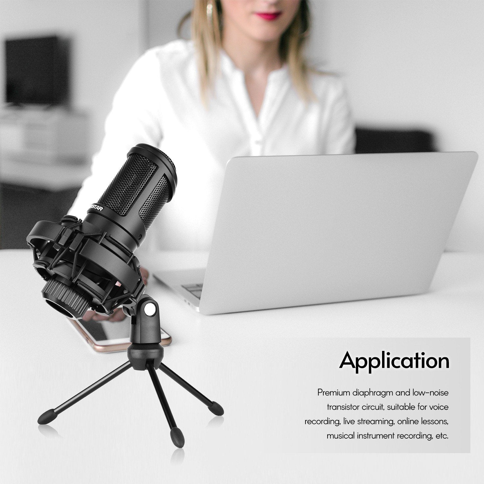 Side-address Microphone Wired Condenser Mic Cardioid Pickup Pattern with Shock Mount and Tripod