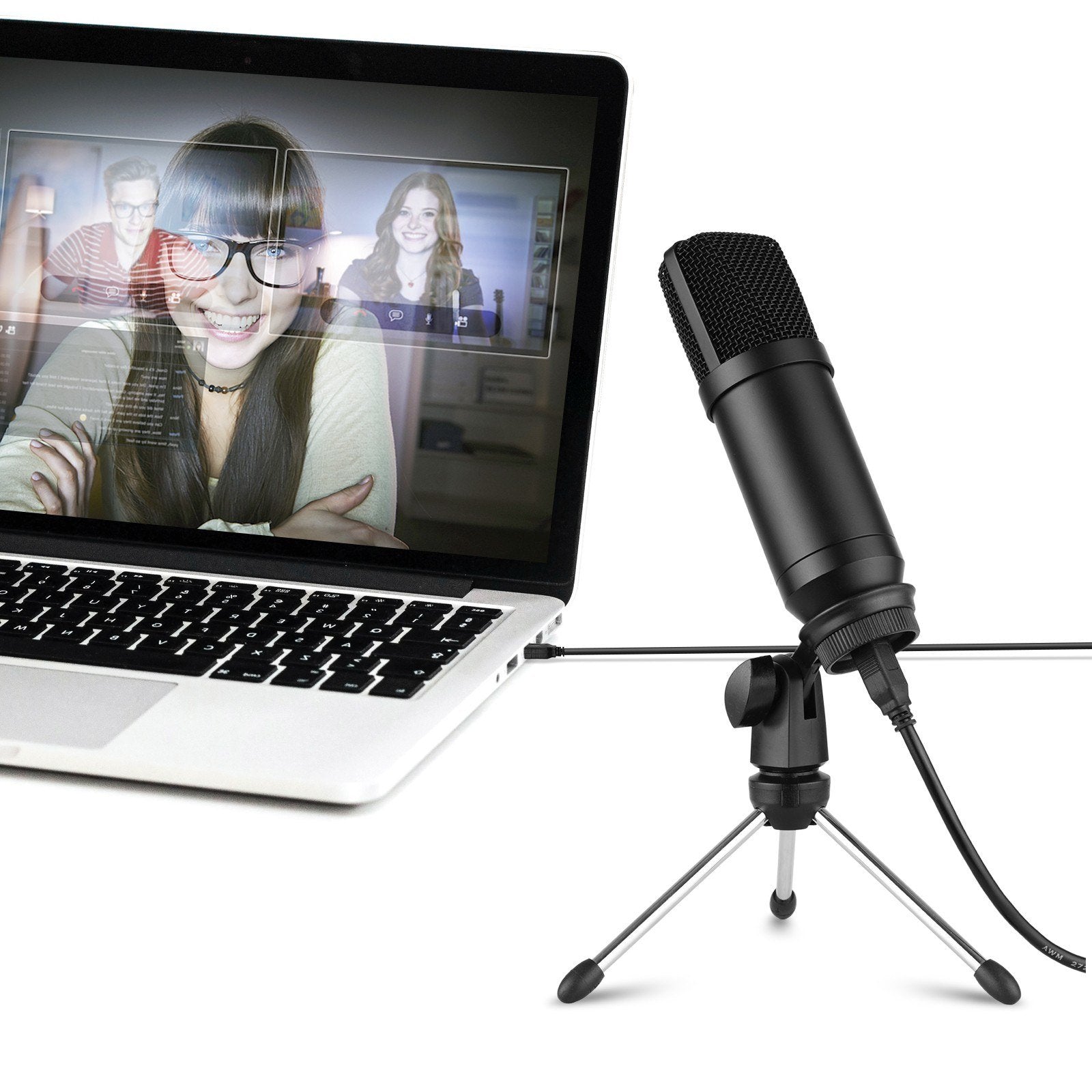 USB Condenser Microphone Set with Foldable Mic Tripod Power Cord Foam Wind Muff