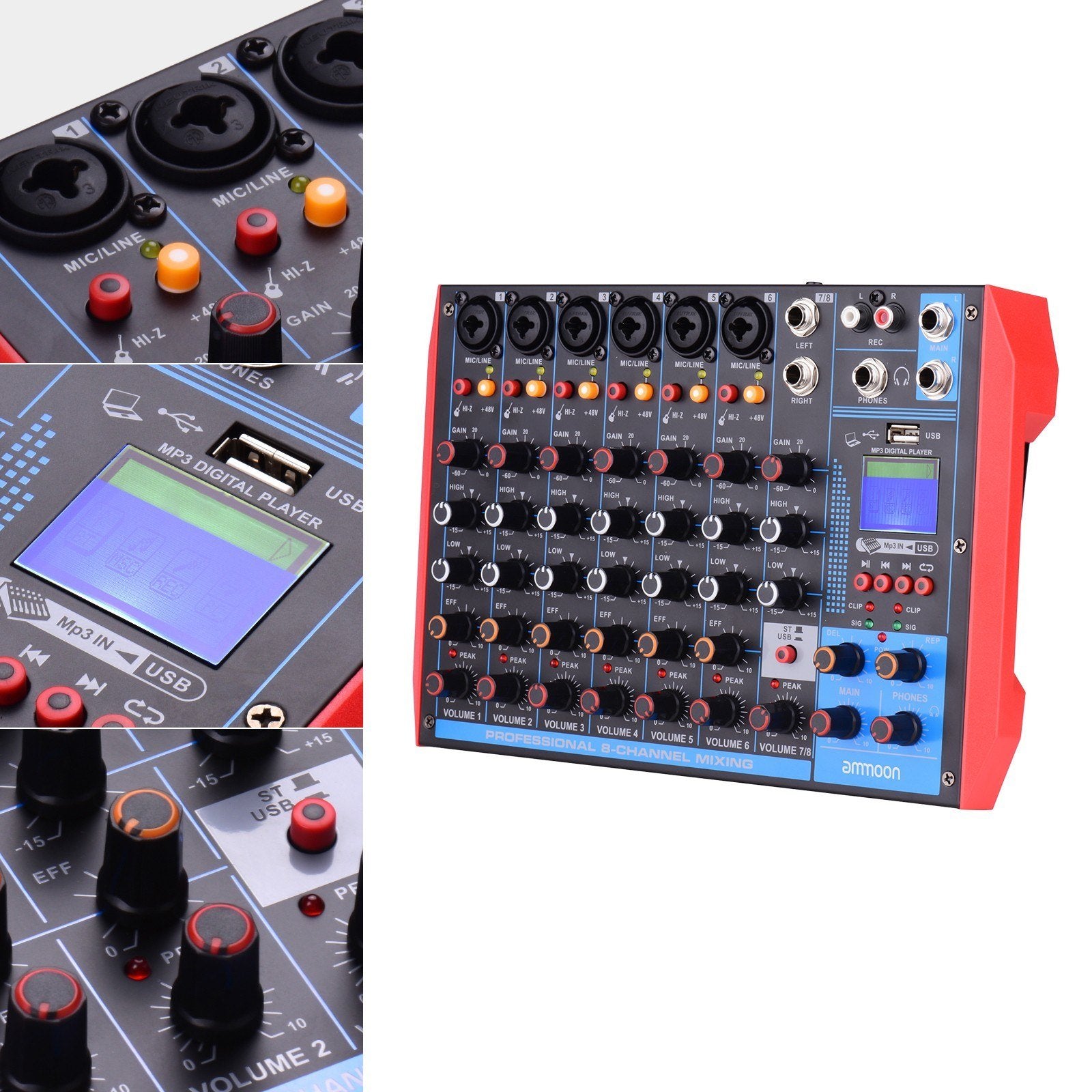 Portable 8-Channel Mixing Console Digital Audio Mixer +48V Phantom Power Supports BT/USB/MP3 Connection