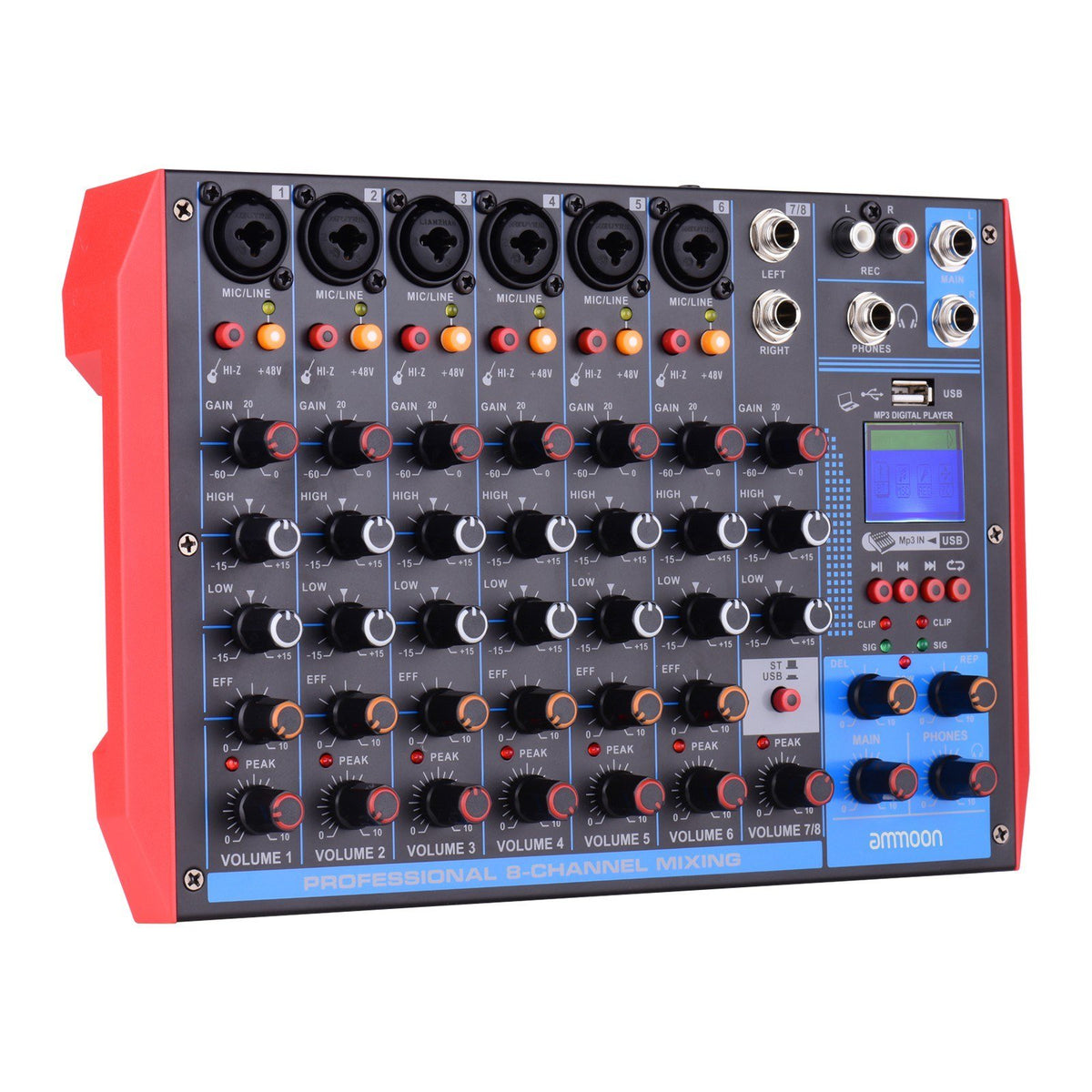 Portable 8-Channel Mixing Console Digital Audio Mixer +48V Phantom Power Supports BT/USB/MP3 Connection