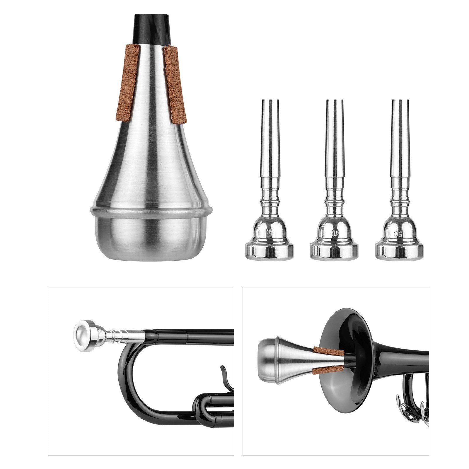 Trumpet Mute Silencer + 3pcs Trump Mouthpieces Accessories for Beginners Intermediate Professional Players