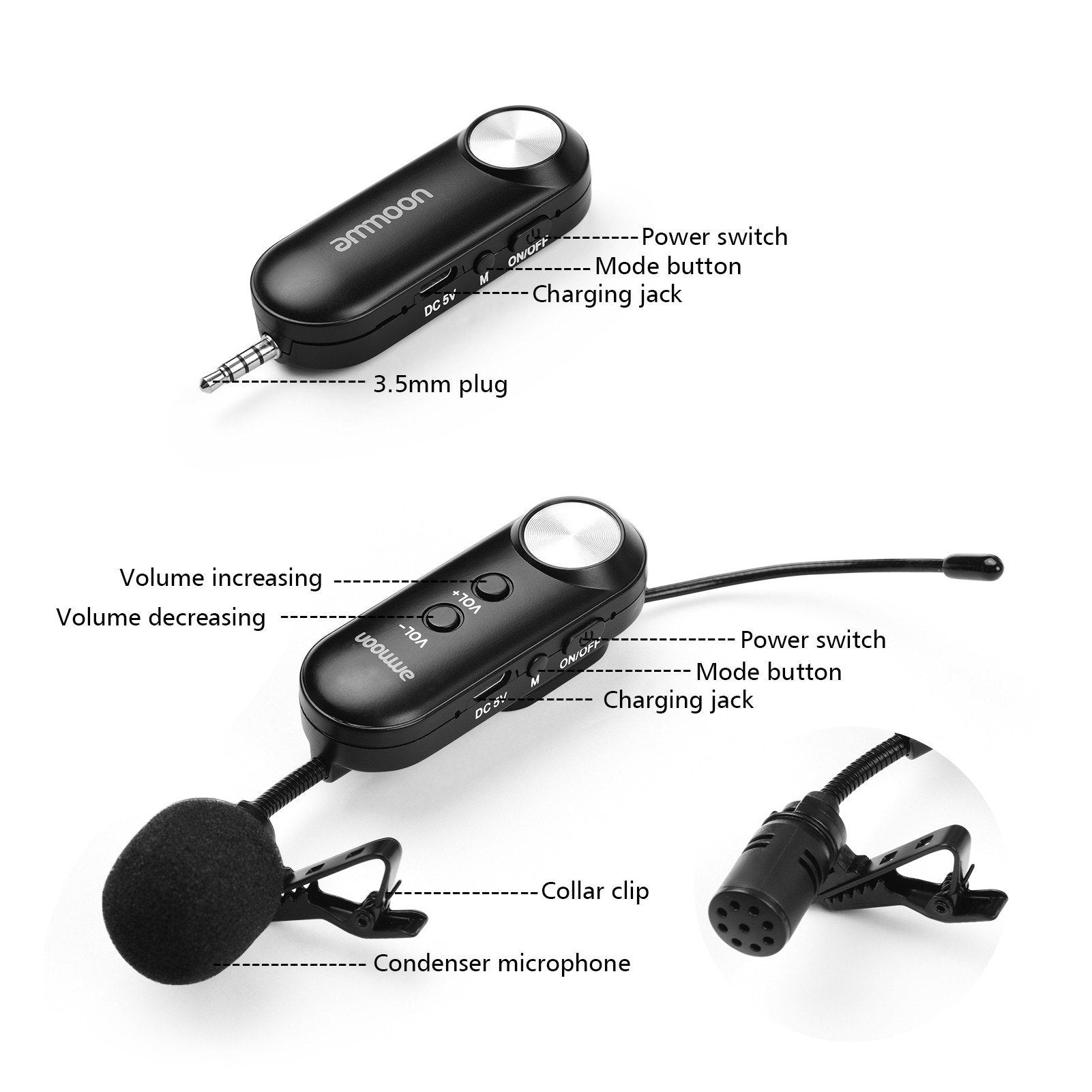 UHF Multi-Purpose Wireless Microphone Lavalier Lapel Condenser Transmitter Receiver