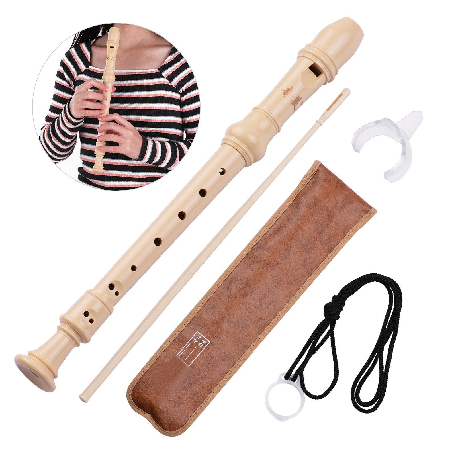 QI MEI 8-Hole German Style Soprano Descant Recorder Flute with Cleaning Rod Finger Rest Strap PU Storage Bag