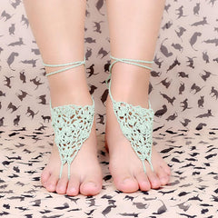 Green Cotton Thread Crochet Foot Chain Bracelet Anklet Geometric Beach Barefoot Sandal Toe Ring