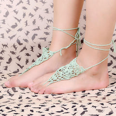 Green Cotton Thread Crochet Foot Chain Bracelet Anklet Geometric Beach Barefoot Sandal Toe Ring