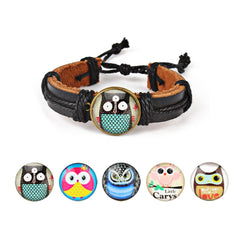 Cute Lovely Round Owl Woven Leather Wrist Bracelet for Women Vintage Jewelry