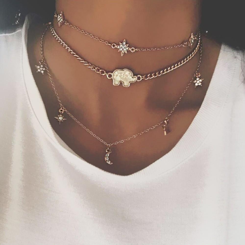 Multi-layer Necklace Moon Star Elephant Pendant Clavicle Chain Women Jewelry