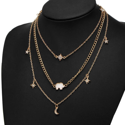 Multi-layer Necklace Moon Star Elephant Pendant Clavicle Chain Women Jewelry