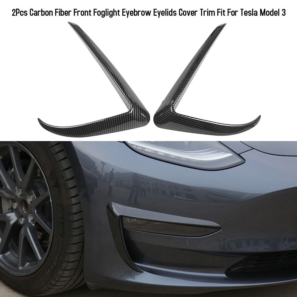 2Pcs Carbon Fiber Front Foglight Eyebrow Eyelids Cover Trim Fit For Tesla Model 3
