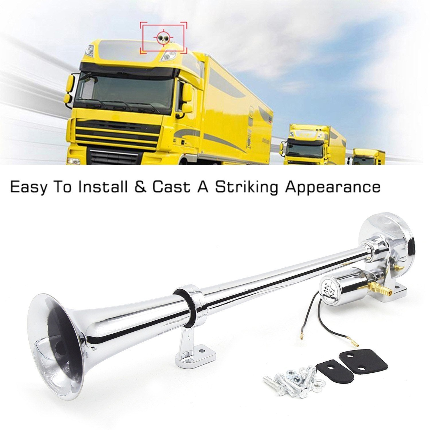 Single-tube Trumpet Electric Horn Chrome Air Loudspeaker Kit 150dB 12V/24V Universal for Train Truck Lorry