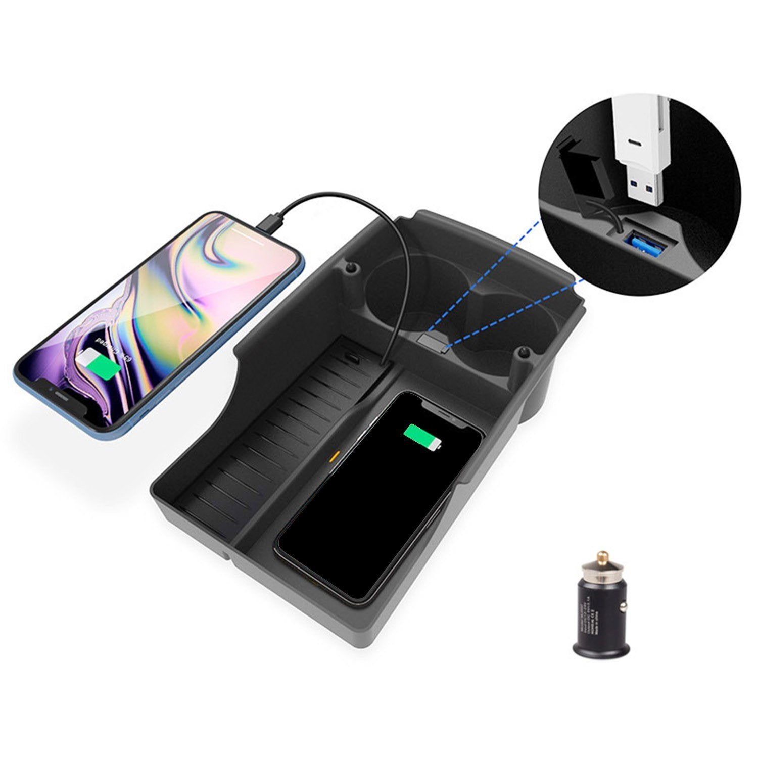 Wireless Charging Pad Center Console Organizer Armrest Storage Box Holder Container with Phone Charger Replacement for Tesla Model X S