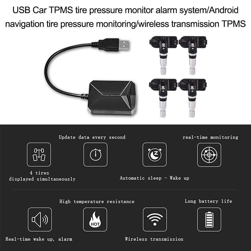 USB Car TPMS Tire Pressure Monitor Alarm System Wireless Transmission