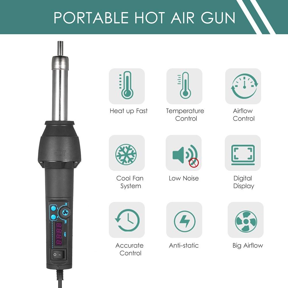 Portable Hot Air Gun with 8 Nozzles Ceramic Heating Core LED Digital Display Flow Temperature Adjustable
