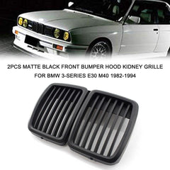 2Pcs Matte Black Front Bumper Hood Kidney Grille Racing Replacement for BMW 3-Series E30 M40 1982-1994