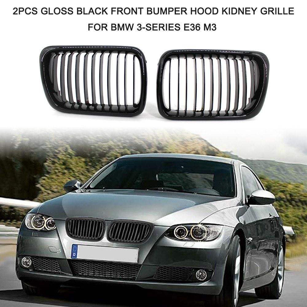 2Pcs Gloss Black Front Bumper Hood Kidney Grille Racing Replacement for BMW 3-Series E36 M3 1997-1999