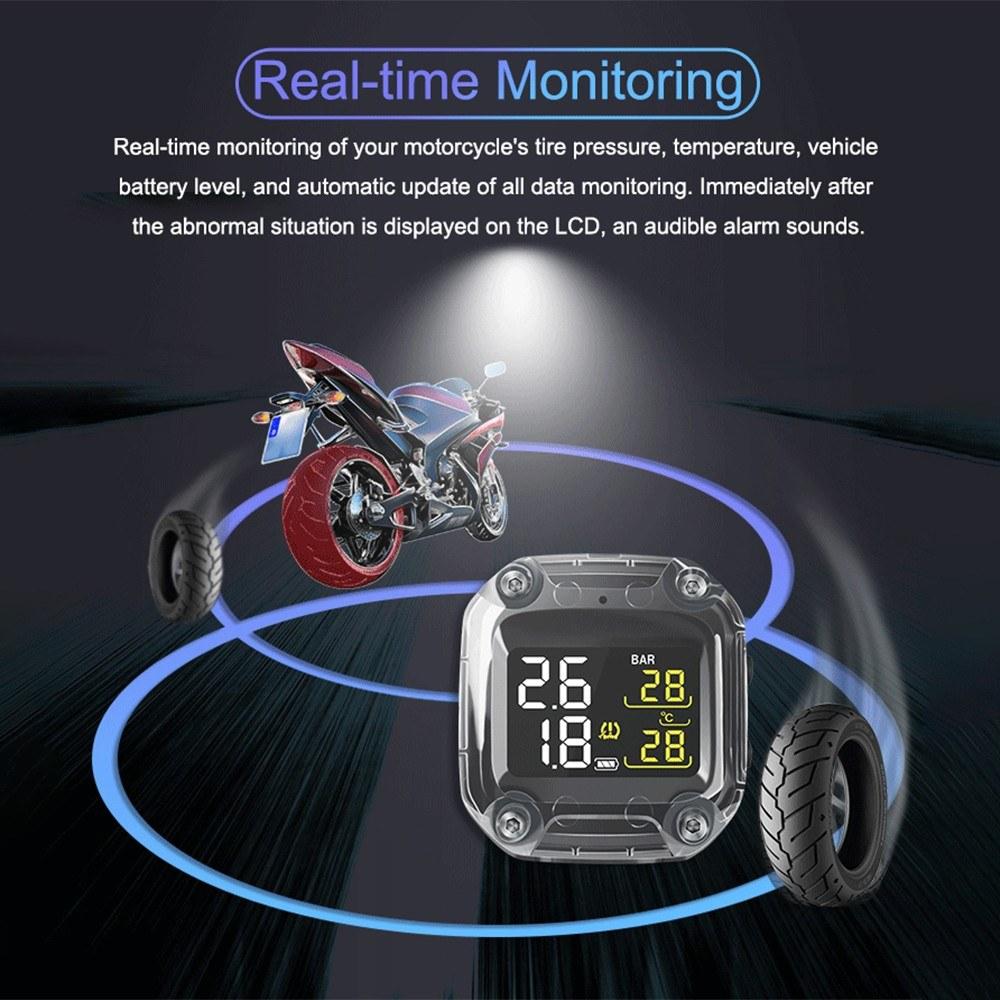 Wireless Digital Motorcycle Tire Pressure Gauge Monitoring System Waterproof TPMS with 2 External Sensors