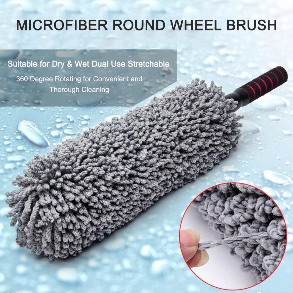 Microfibre Wheel Brush Dust-cleaning Large Grey Round Telescopic Rod 360 Degree