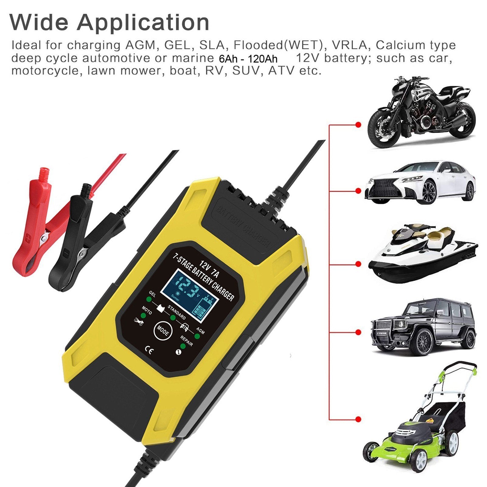 Car Battery Charger LCD Display Smart Maintainer 7-Stages Trickle Chargers