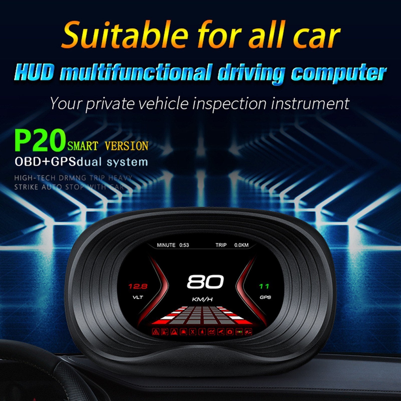 Car HUD Display, OBD+GPS Dual System Head Up Display High Definition Speedometer Diagnostic Tool