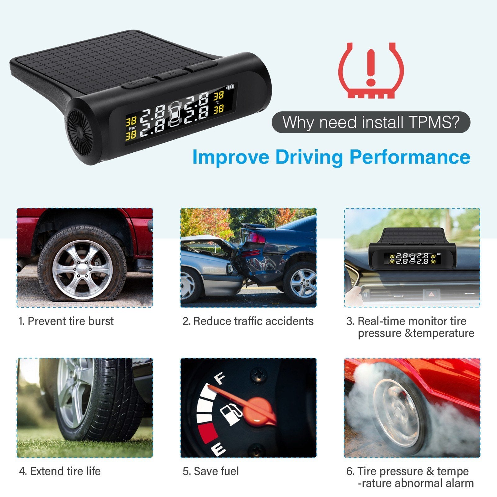 Car TPMS Tire Pressure Monitoring System Wireless Alarm 4 External Sensors