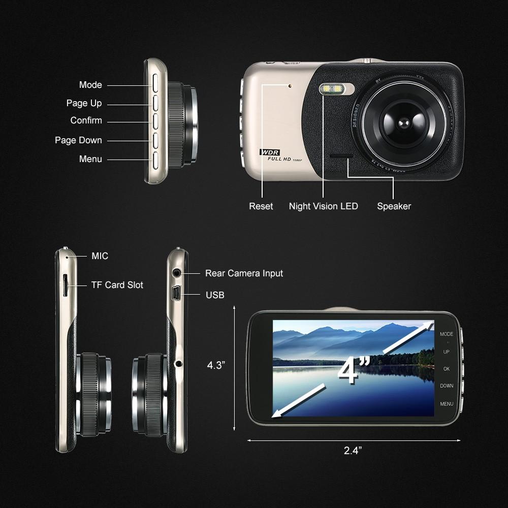 4" Dual Lens 1080P HD Car DVR Dash Cam Camera Camcorder