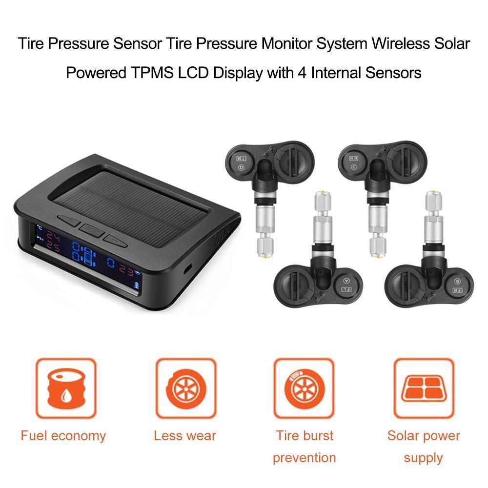 Tire Pressure Sensor Monitor System Wireless Solar Powered TPMS LCD Display with 4 Internal Sensors