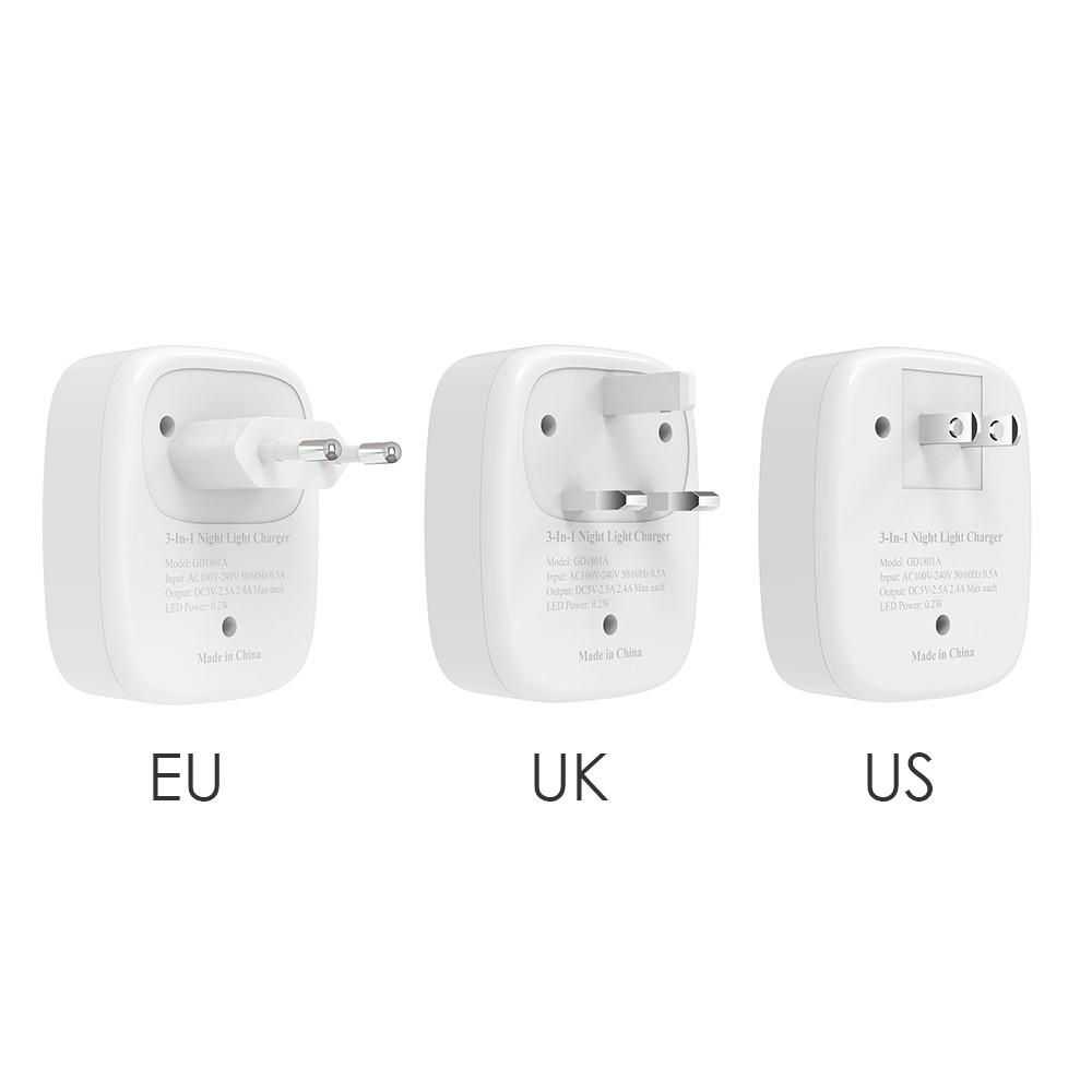 3-in-1 5V 2.5A Phone Wall Charge with Dual USB Ports Lighting & Sound Sensor Wall Lights