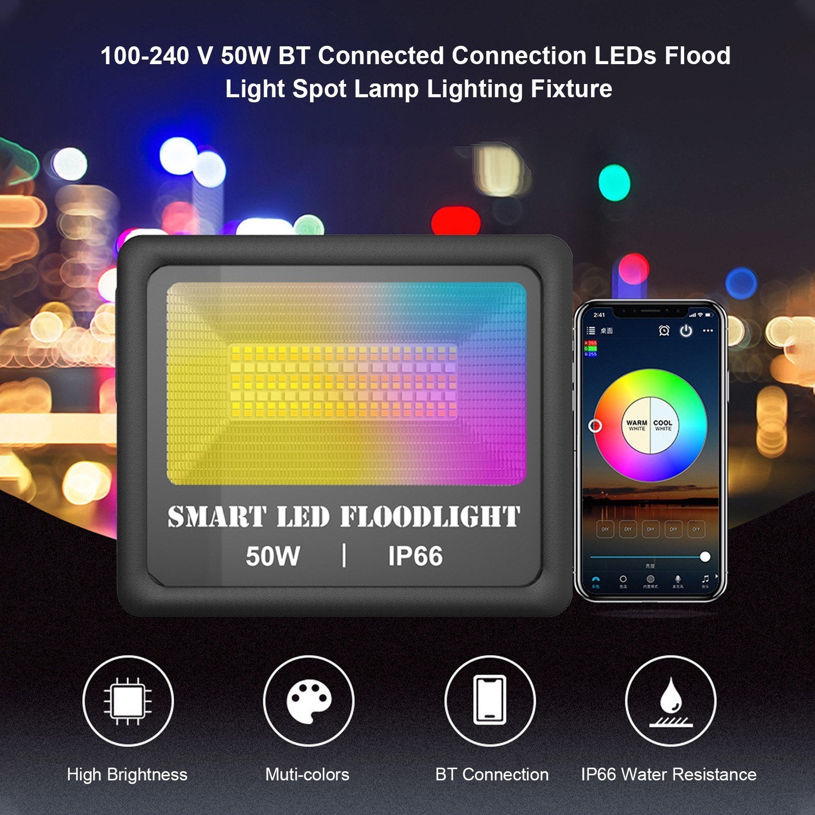 100-240V 50W BT Connected Connection LEDs Flood Light IP66 Water Resistance Spot Lamp