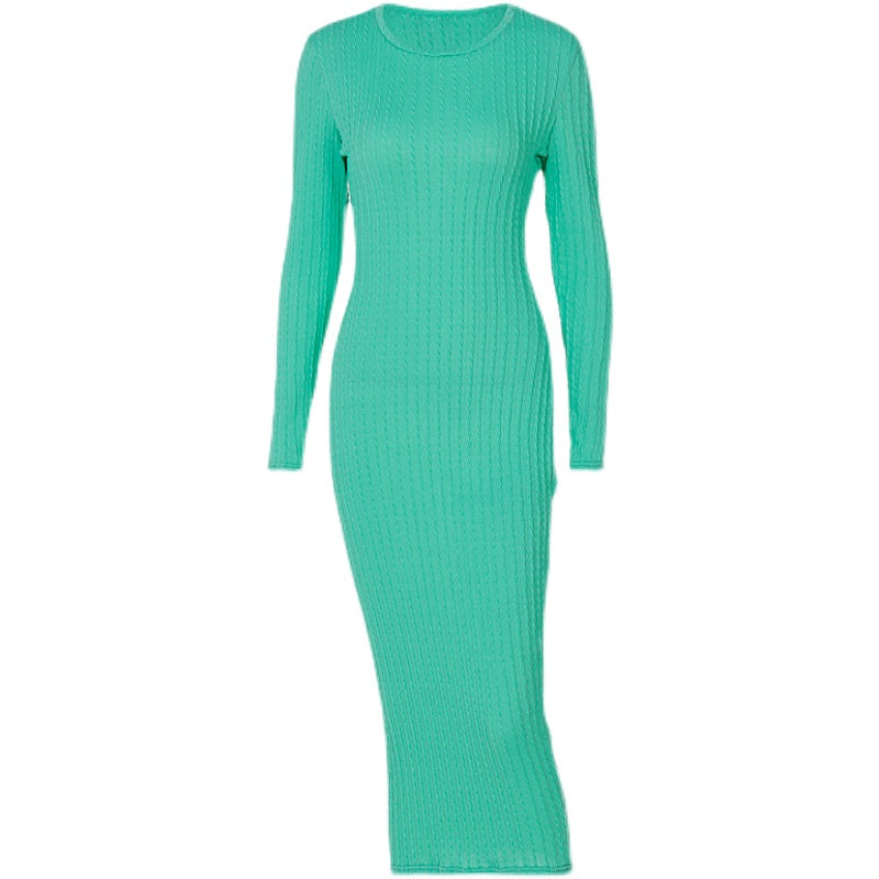 Fall Knitted Cloth Slim Fit below the Knee Long Sleeve Dress