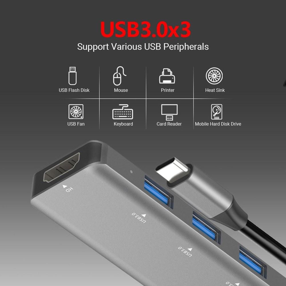 5 in 1 Hub Type-C To USB3.0*3+PD+HD Intelligent USB Hub Multi-port Adpater