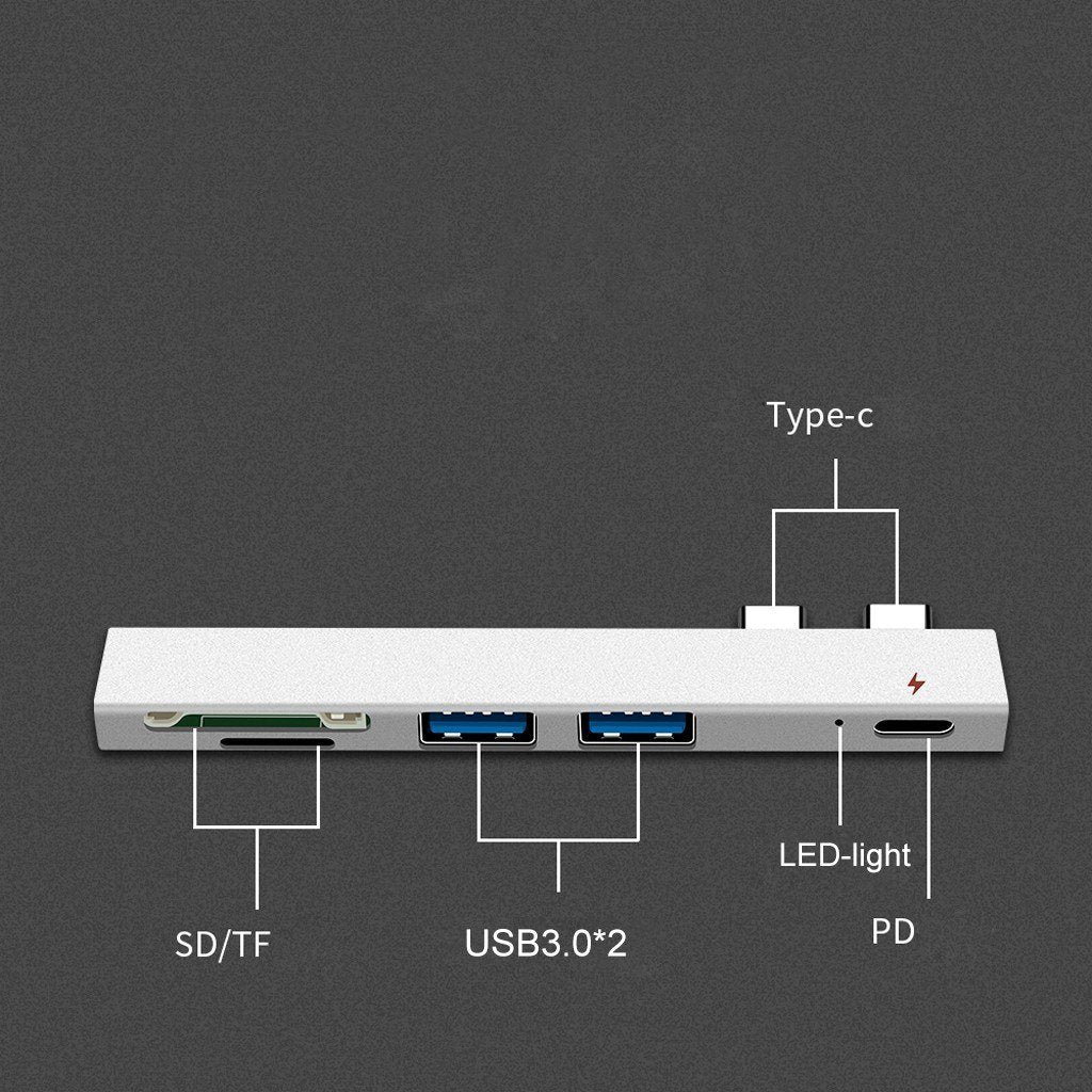 5 in 1 Hub Dual Type-C To USB3.0*2+PD+TF Intelligent USB Hub Multi-Port Adapter