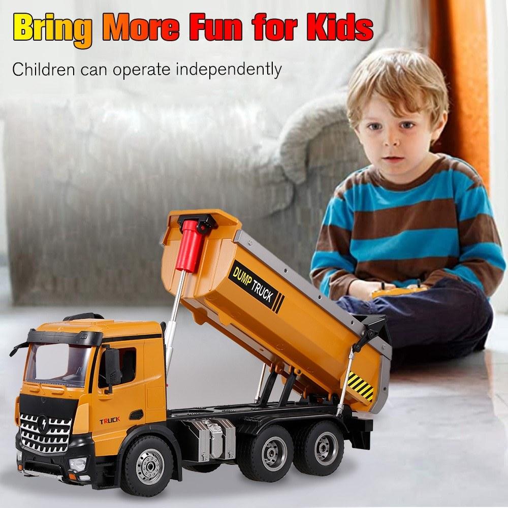 2.4Ghz 1/14 Scale RC Dump Truck Construction Vehicle Toy with LED Lights and Simulation Sound for Kids
