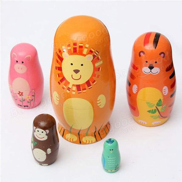 Set of 5 Cute Wooden Nesting Dolls Matryoshka Animal Russian Doll