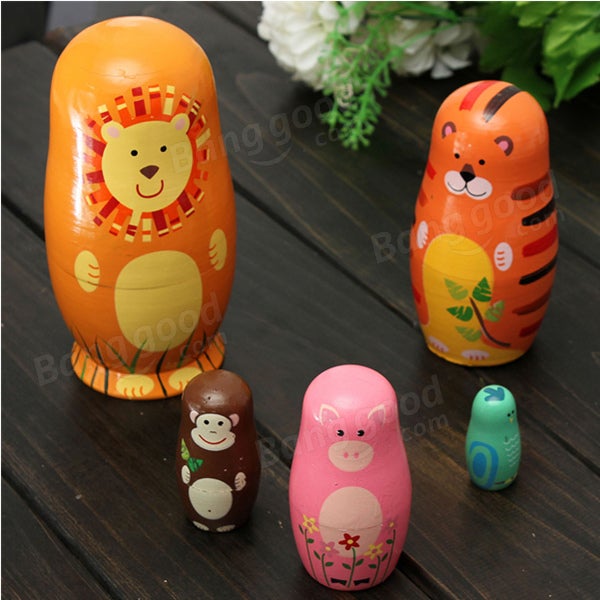 Set of 5 Cute Wooden Nesting Dolls Matryoshka Animal Russian Doll