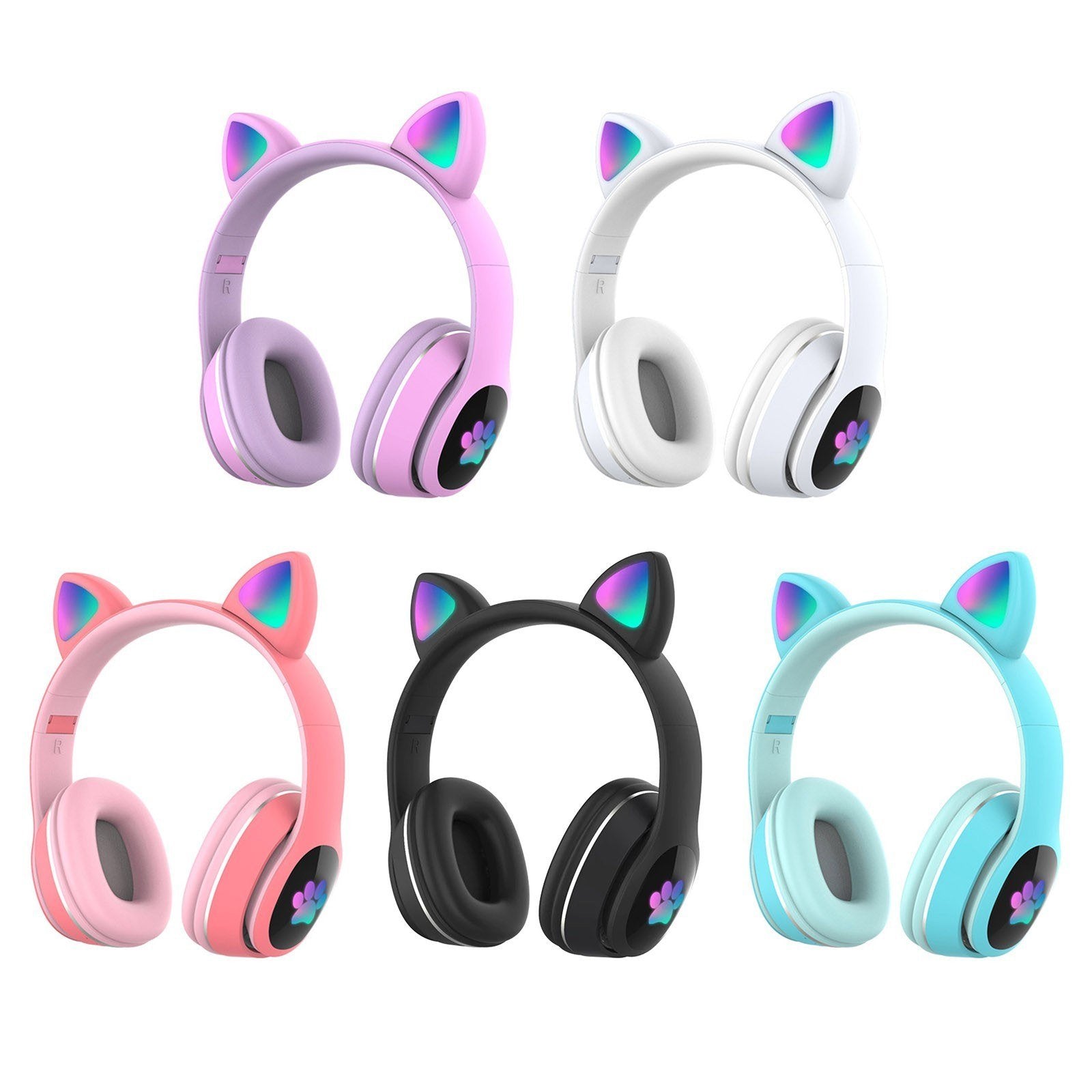 Over Ear Music Wireless Headset Glowing Cat Headphones 7 Color Breathing Lights