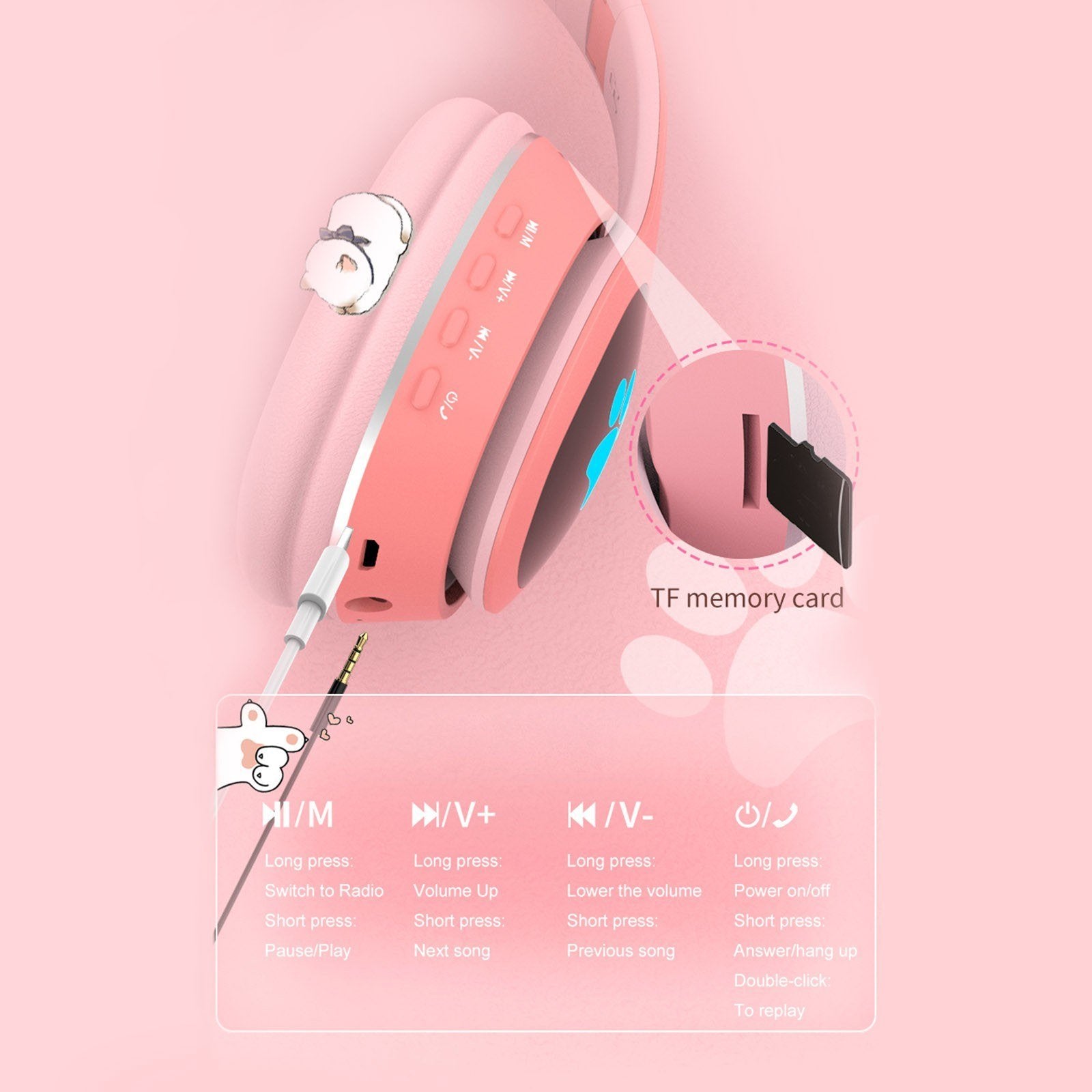 Over Ear Music Wireless Headset Glowing Cat Headphones 7 Color Breathing Lights